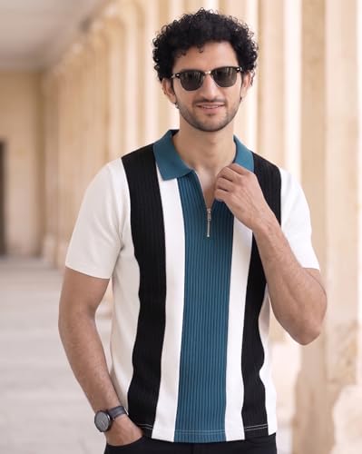Image of AUSK Men's Zip Collar Polo Tshirt | Cotton Rich Material | Half Sleeves | Modern Knit Panel Work | Regular Fit