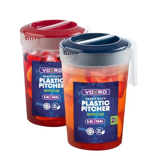2-Pack 1-Gallon Plastic Pitchers with Lids – Iced Tea Pitchers with Twist Cover BPA-Free, Dishwasher & Freezer Safe, Ideal for Water, Juice & Fridge Storage