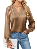 BMJL Women's Blouses Dressy Casual Satin Silk Long Sleeve Shirts Business Casual Tops(Camel,S)