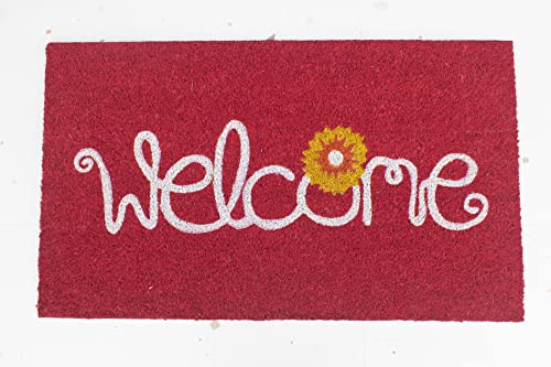 LuxUrux Red Welcome Mats Outdoor Doormat, with Heavy-Duty PVC Backing - Natural - Perfect Color/Sizing for Outdoor/Indoor uses, Floral Welcome CocoCoir Doormat (24x36 inches)