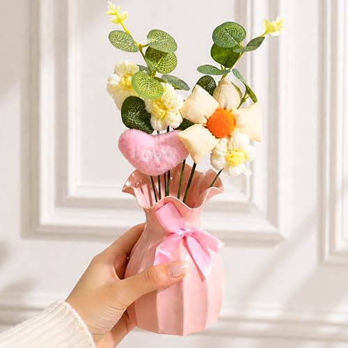 Image of Art Street Handmade Crochet Flower Vase with Love Heart Cushion | Artificial Knitted Flowers & Fabric Daisy with Green Leaves | Decorative Pink Vase with Ribbon for Birthday, Anniversary, Valentine