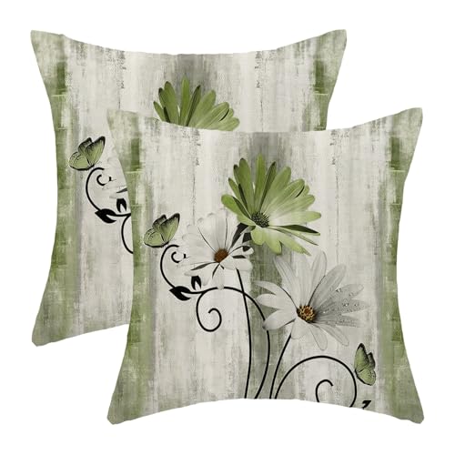 Sorktse Sage Green Pillow Covers 18x18 Inch Set of 2 Vintage Green White Daisy Floral Throw Pillows Spring Summer Flower Butterfly Pillowcases Linen Outdoor Decor Cushion Covers for Sofa Couch