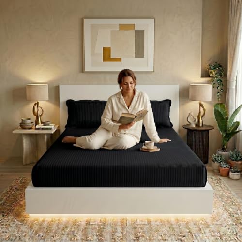 Image of Filymore Double Bed Bedsheet with 2 Pillow Covers, 300 TC Soft Microfiber Satin Striped Bedsheet, Black Striped Bedcover for Double Bed, Breathable & Comfortable Bedding Set (90x90 Inches)