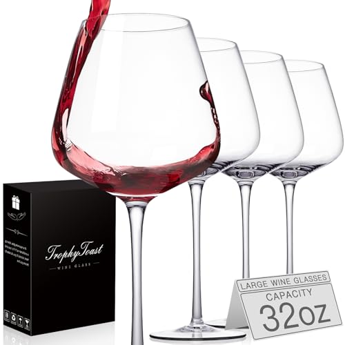 Extra Large 32oz Wine Glasses Set of 4 - Hand Blown Red Wine Glasses With Long Stem - Crystal Giant...