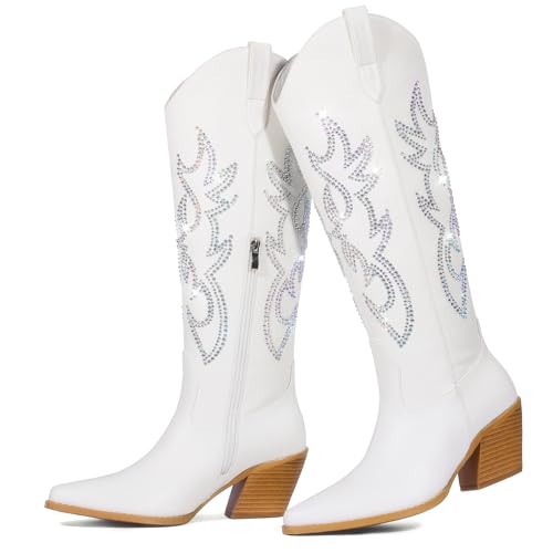 image for Pasuot Rhinestone Cowboy Boots for Women - White Wide Calf Knee High C