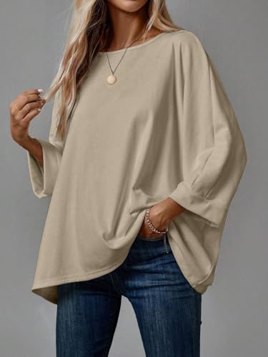 Womens Long Sleeve Knitted Oversized Blouse Top Solid Color Round Neck Batwing Sleeve Loose Casual T-Shirt Fall4