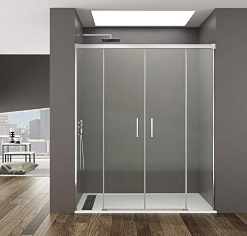 Schermo doccia anteriore 1 scorrevole + 1 fisso, vetro trasparente temperato 6 mm anticalcare, con divisori per doccia fissi, larghezza adattabile, 190 a 200 cm, con pannello doccia facile da
