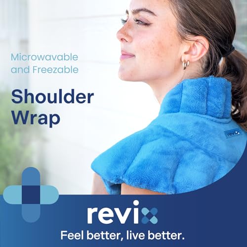 Image of REVIX Neck Heating Pad Microwavable, Weighted Microwave Heating Pad for Neck and Shoulders, Cordless Heated Neck Wrap with Moist Heat, Rice Heating Pad Microwavable for Muscle Discomfort, Blue
