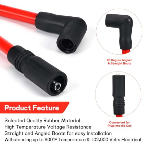 Image of 10.4mm Spark Plug Wires for Harley Dyna 00-17 Softail 99-17, Red | For Super Glide /Wide Glide /Low Rider & Springer /Slim /Deluxe /Deuce, Heat & Wear Resistant, Copper Core, Silicone Casing