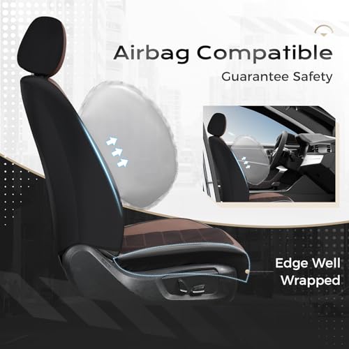 Image of Coverado Leather and Air Mesh Seat Cover, Car Seat Cover Full Set, 3D Breathable Seat Protectors Sports Carbon Fiber Design Airbag Compatible Comfort Universal for Most Cars, Van,Trucks, SUV, Brown