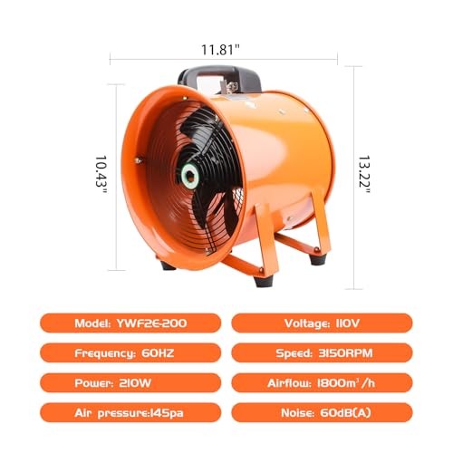 8-Inch High-Velocity Portable Utility Blower Fan, Industrial Exhaust Fan with 33ft Flexible Duct Hose, 3150 RPM Low-Noise Ventilator for Basements, Workshops, Warehouses, and Confined Spaces