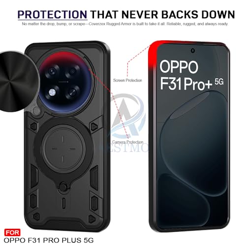 Image of AESTMO Armor Oppo F31 Pro Plus 5G Bumper Back Case Cover | Ring Holder & CD Pattern Sliding Camera Shutter Cover | Back Case Cover for Oppo F31 Pro Plus 5G (Black)