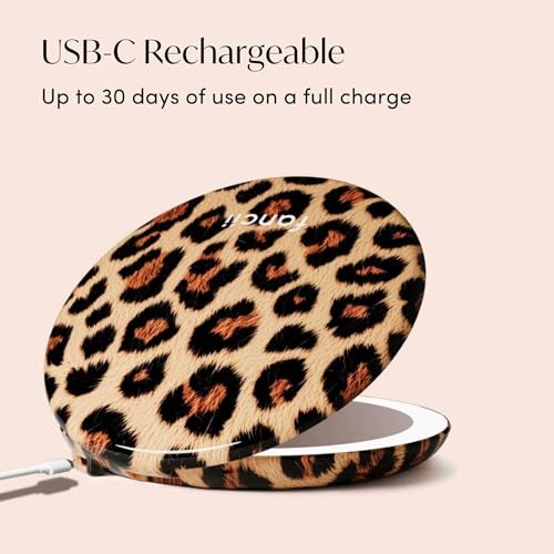 Image of Fancii Taylor LED Lighted Travel Makeup Mirror, Rechargeable, 10x /1x Magnifying, Tru-Glow Lighting System, XL Large 5 inch Wide | Compact Mirror for Purses (Cheetah Chic)