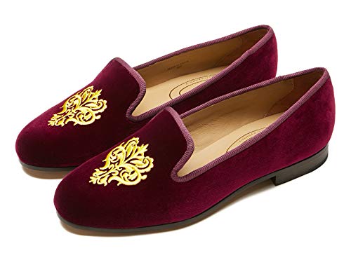 Image of Journey West Women's Velvet Loafer Flat with Embroidery Smoking Slippers Slip on Shoes for Women Vine Burgundy US 8