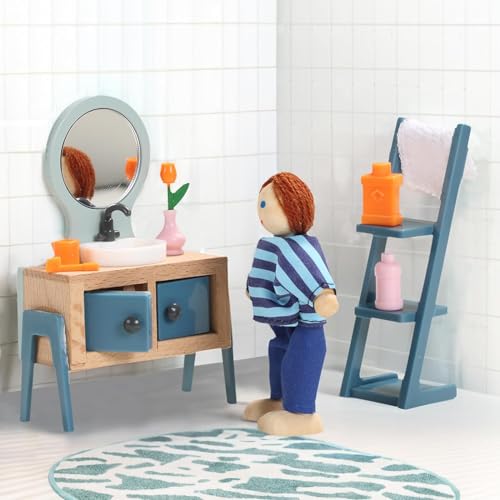 image for Giant bean 24 PCS Wooden Plastic Dollhouse Furniture Set, Bathroom and