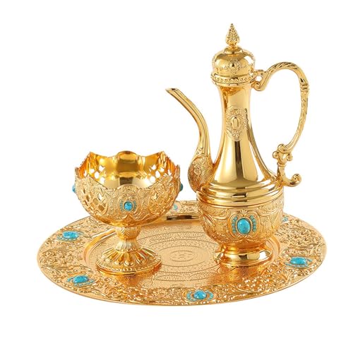 Bothyi Vintage Turkish Teapot Set European Art Crafts Ornament Metal Wine Glass Jug Serving Set for Living Room Party Home Bar Hotel