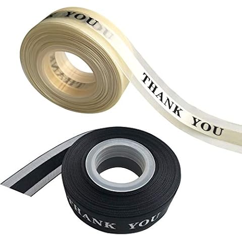 LXKBD 2 Rolls Satin Organza Ribbons with “Thank You" Printing ,25mm x 22m Spool for Gift Wrapping,Handmade Crafts,Festivals Decorations and Wedding Party (Black and Champagne) Cover