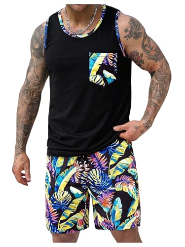 Men's 2 Piece Vacation Outfits Tropical Sleeveless Beach Tank Top & Drawstring Holiday Shorts Cruise Wear