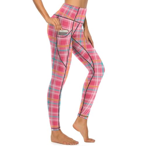 Legging rétro écossais rose femme pantalon yoga taille haute poches