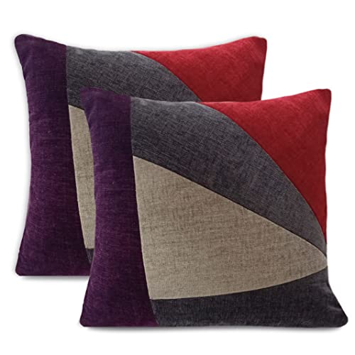 Image of Encasa XO Chenille Cushion Covers (Pack of 2) with Patchwork 45x45 cm - Mix & Match Pillow Covers in Bright Colours for Living Room, Sofa, Bedroom - Red