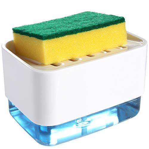 Kitchen Soap Dispenser + Sponge Holder 2-in-1, Update Design Dish Liquid Soap Pump Dispenser, Dishwashing Countertop Soap Dispenser with Sponge Holder Instant Refill (White)