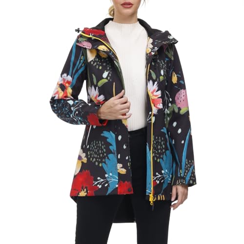 Womens Long Raincoat Waterproof Windbreaker Floral Print Softshell Trench Coat US Size S-2XL