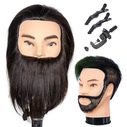 Male Mannequin Head with Beard 100% Real Human Hair Haircut Training Head for Cosmetology Manikin Head Doll Head with Stand Practice Cutting Styling Barber Shop Cosmetology School