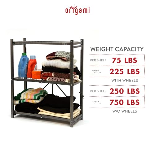 Image of Origami 3-Tier Foldable Storage Shelves, Heavy Duty Rolling Shelf Rack with Wheels, Pewter