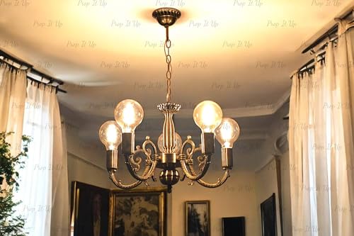 Image of Prop It Up Vintage Style Chandelier, 5-Light Pendant, Antique Brass Finish, Globe Bulb Design, Without Bulb