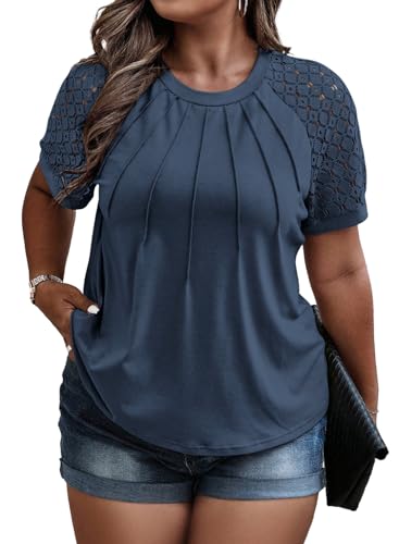 Image of Eytino Plus Size Tops for Women Summer Lace Short Sleeve Crewneck Loose Casual Blouse Tunic T Shirts(1X-5X)