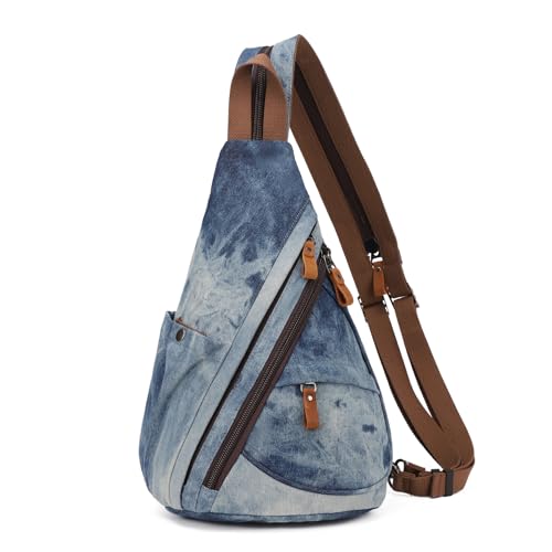 KL928 Canvas Sling Bag - Small Crossbody Backpack Shoulder Casual Daypack Rucksack for Men Women(Large Version) Canvas-blue-white Washed