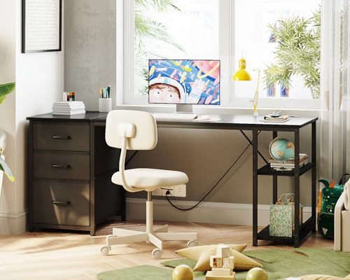 Image of AODK 63 Inch Computer Desk with Drawers & USB Power Outlets, Reversible Home Office Desk with Storage Shelves, Work from Home, Modern Work /Writing /Study Table for Bedroom, Black