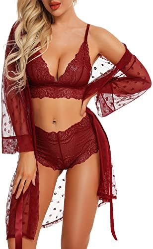 RSLOVE Women Sexy Lingerie Set 3 Piece Lace Kimono Robe with Bra and Panty Sheer Sleepwear