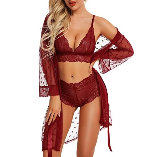 RSLOVE Women Sexy Lingerie Set 3 Piece Lace Kimono Robe with Bra and Panty Sheer Sleepwear XX-Large Wine Red