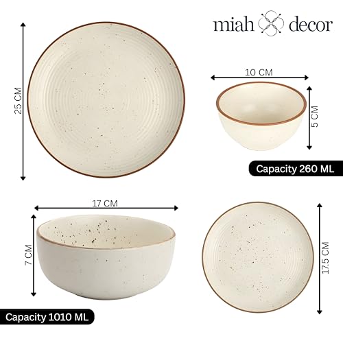Image of MIAH Decor Handcrafted Stoneware Dinner Set-Pack of 14-[4 Dinner Plates; 4 Quarter /Side Plates / 4 Dinner Bowls / 2 Serving Bowls]|Cream with Brown Rim|Matte Finish|Ceramic|Microwave Oven, (MD-496-MFN)