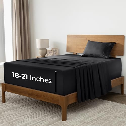Image of Mellanni Extra Deep Twin Sheets - 3 PC Iconic Collection Bedding | Hotel Luxury, Ultra Soft, Cooling Bed Sheets - Wrinkle, Fade, Stain Resistant (Twin, Black)