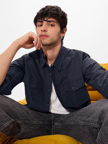 Image of The Souled Store Solids Off White Long Sleeve Collared Cotton Utility Shirts for Mens & Boys- Regular Fit with Classic Style