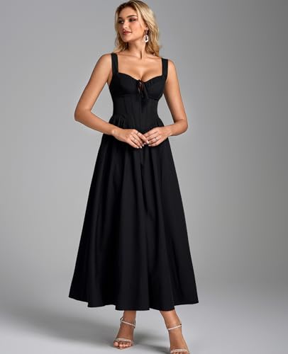 Image of GLNEGE Womens Corset Midi Dress Spring Wedding Guest A-line Flowy Dresses Lace Up Summer Tea Party Long Sundress for 2026