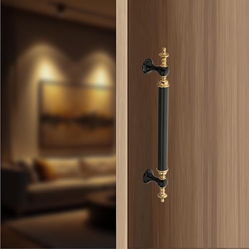 Image of Vintage Royal Main Door Handle | 12 Inch Premium Pull Push Handle for Home, Office, Hotels & Villas | Stainless Steel Black & Gold Finish |Hole to Hole 300mm | 3 Years Warranty