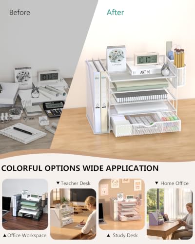 Image of WALI Desk File Organizer, 5 Tier Desktop Paper Letter Tray Organizer with Drawer and 2 Pen Holders, Office Desk Accessories & Workspace Organizers for Office, Home Supplies(DO006DH-W), 1 Pack, White
