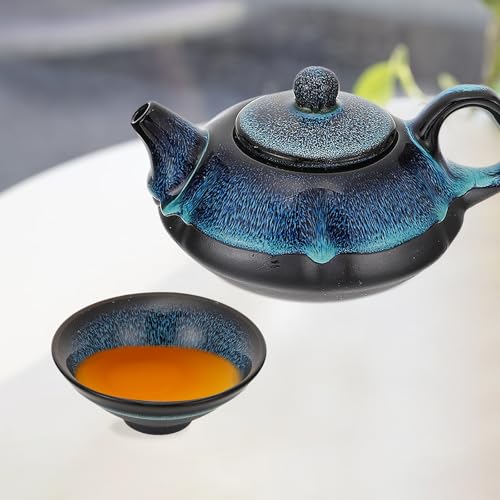 Set de servicio de té de cerámica azul portátil con tetera y taza individual 3