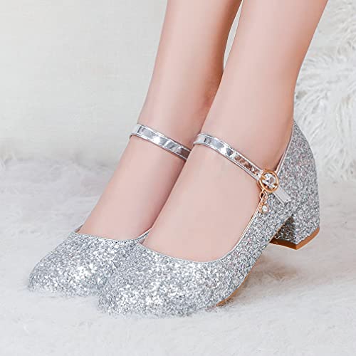 KOKOMOMO Womens Glitter Sequin Round Toe Mary Janes Low Block Heel Pumps with Ankle Strap2