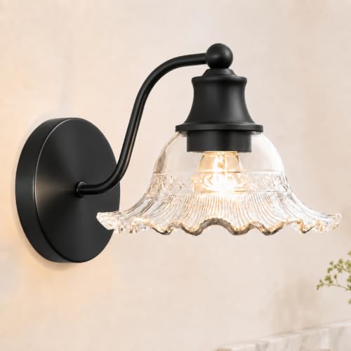 Image of Matte Black Bathroom Wall Sconce Vintage Style, E26 Easy Mounted | Vanity Light with Flower Glass Shade, Bathroom Wall Lighting Fixture Beside Mirror, Easy Mounted for Bedroom, Hallway