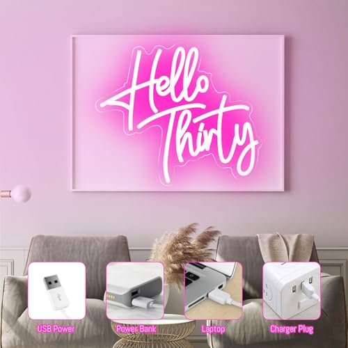 Image of Hello Thirty 30th Birthday Neon Signs Led Neon Light Happy Birthday Party Neon Light for Anniversary Room Wall Decor with Dimmable Switch and USB Powered Neon Lignts