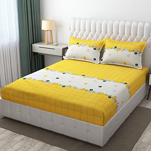 Image of Castiqa Cotton Feels All Over Elastic 400 TC Floral Fitted Bedsheet Set Perfect Upto 10inch Mattress with 2 Matching Pillow Covers Size-18x28inch (Queen Size 60x78, Yellow)