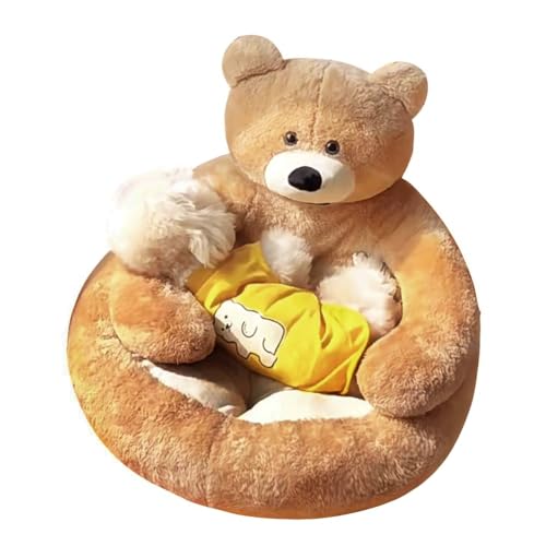 Cute Bear Hug Design Dog Cat Beds Plush Pet Beds Cuddler, Warm Soft Calming Dog Beds with Removable Washable Cover Non-Slip Bottom (Diameter 30 in, Khaki)