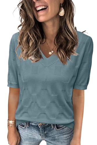 Image of Arach&Cloz Women's Lightweight Spring Summer Sweater Tops Casual Short Sleeve Blouses Shirts