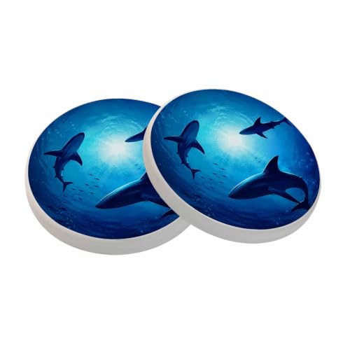 Floating Sharks Coasters Undersea Three Sharks Dancing in Circles Absorbent Drink Coaster Set of 2 Unique Beer Beverage Coasters for Coffee Table Cup Bar Coasters Cute Cork Ceramic Coasters