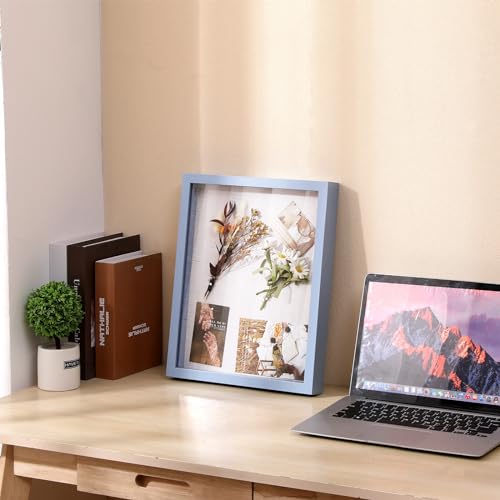 Image of Muzilife 11x14 Shadow Box Picture Frame with Linen Board - Deep Wood & Glass Display Rustic Case Ready to Hang Memorabilia, Pins, Awards, Medals, Wedding, Tickets, and Photos, Blue