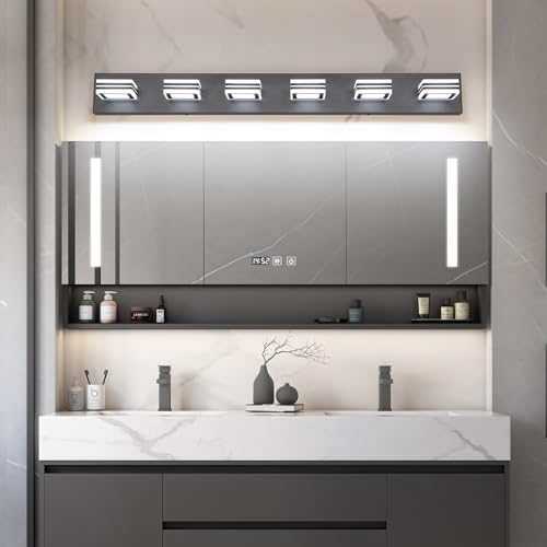 Image of SOLFART Modern LED Dimmable Bathroom Light Fixtures Over Mirror Led Vanity Lights Modern Black LED 6 Light Vanity Light